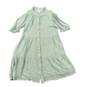 Cat & Jack Girl Green Floral Tiered Button Front Dress Size M 8 Teal Sage Gauze